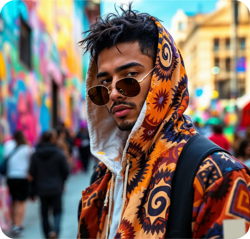 A man wearing a colorful jacket and sunglasses.